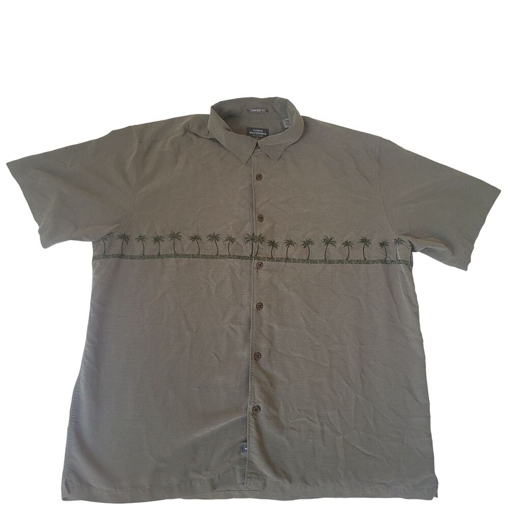 Quiksilver Waterman Palm Tree Embroidered Button Up Shirt Brown XXL Comfort Fit